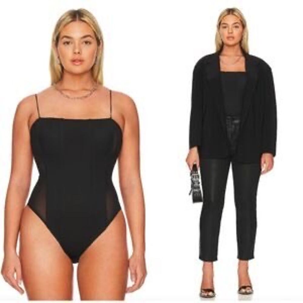 Good American Mesh Mix Corset Thong Straight Neck Black Bodysuit Plus Size 4XL